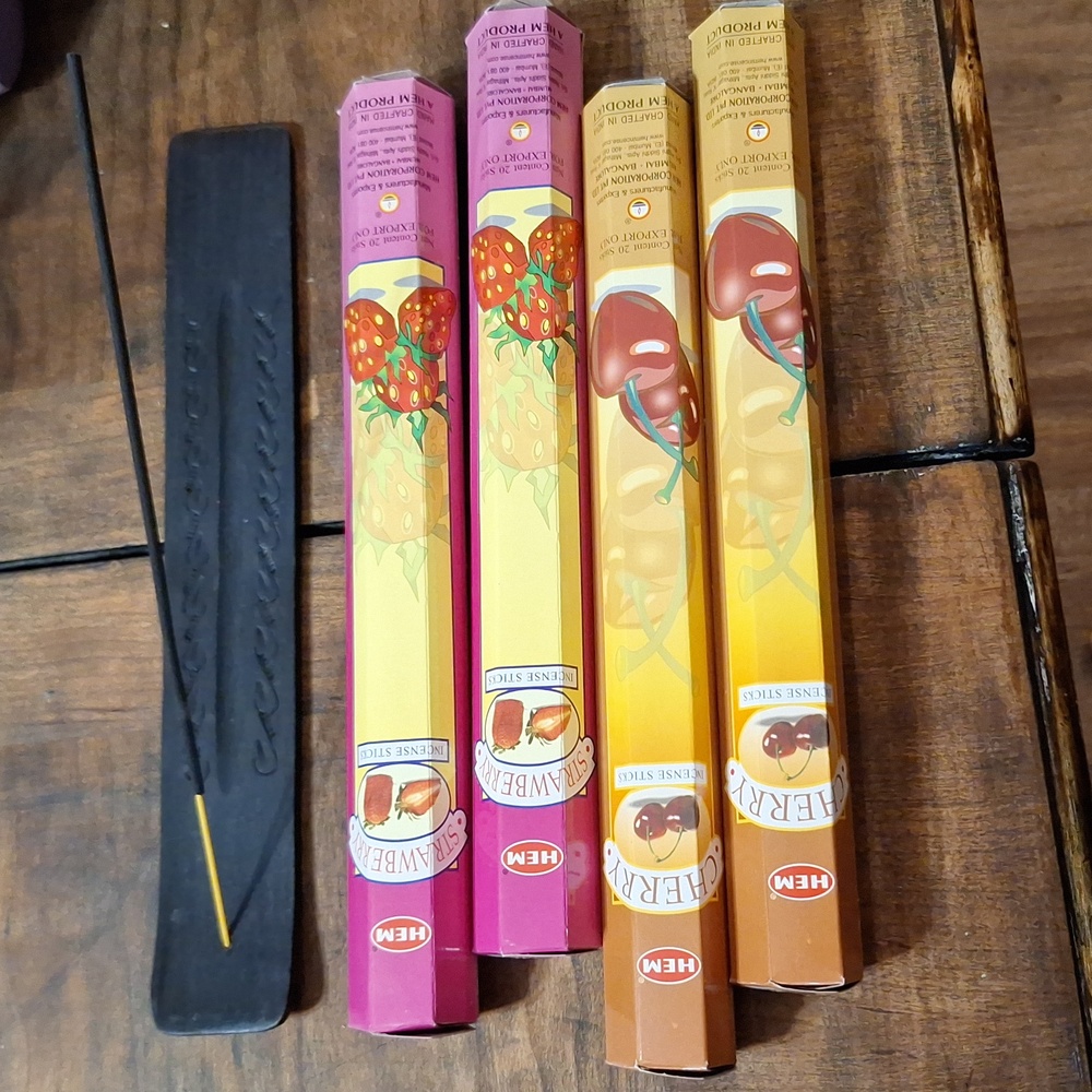Strawberry and cherry incense sticks and black ash catcher